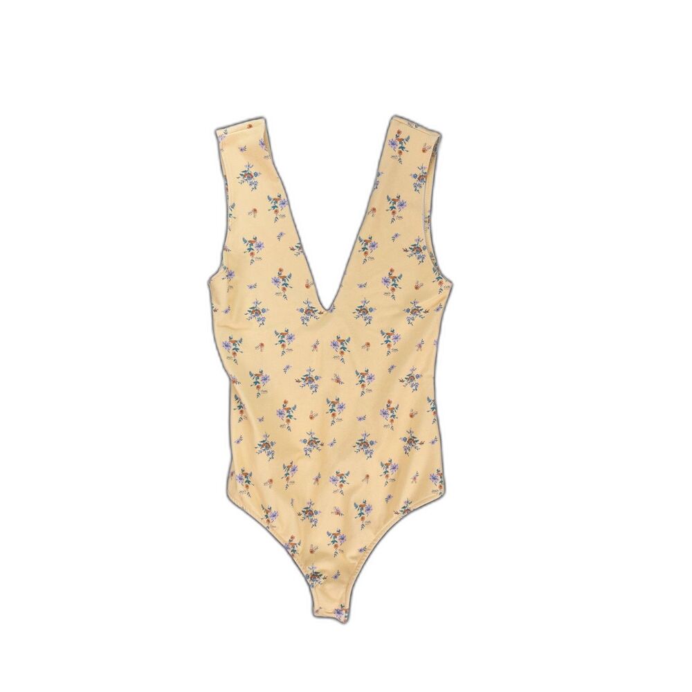 Intimately Free People Keep It Sleek Bodysuit Yellow Floral V Neck XS Boho
